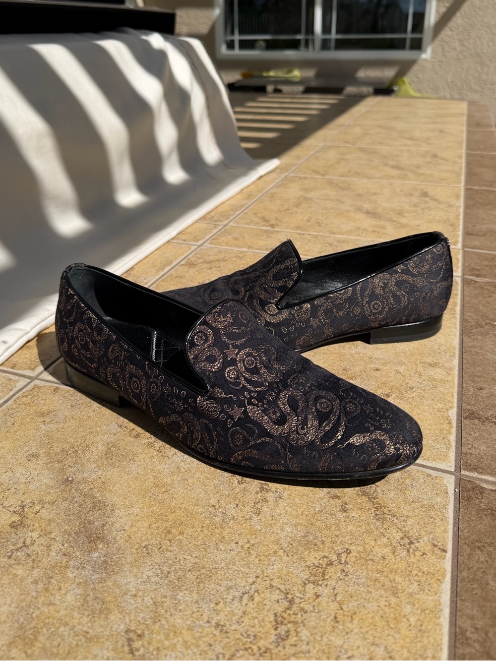 Roberto Cavalli 42.5 Black Gold Snake Paisley Loafers Mens EU 9.5 Dress Shoes